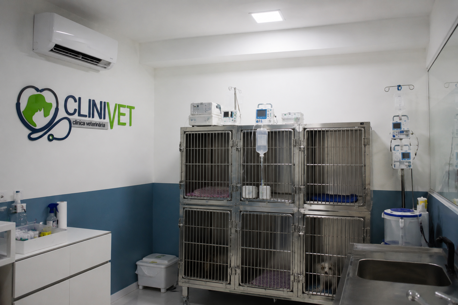 Sala de internação da Clinivet Contagem — monitoramento 24h